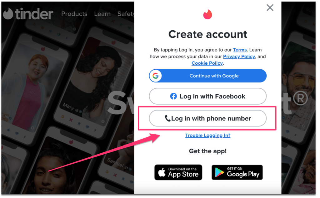 Tinder registration options